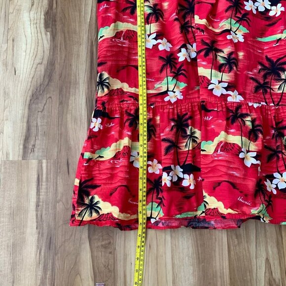Vintage Hawaiian Togs Red Mumu Dress Large Palm Trees Hibiscus - Picture 4 of 15